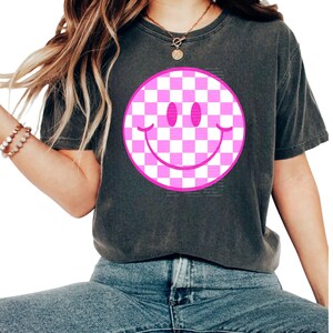 Pink Preppy Smile Happy Face PNG Sublimation Trendy Design for Girl Shirts Checkered Smile Face