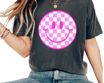 Pink Preppy Smile Happy Face PNG Sublimation Trendy Design for Girl Shirts Checkered Smile Face