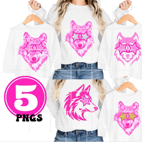 4 Preppy Pink Wolf Mascot PNG  gold Star Eyes Team Shirts High School College Gifts  Sublimation DTF PNG Design Download File Spirit shirt