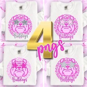 May include: Four sublimation designs featuring a pink bulldog wearing sunglasses with stars on a pink leopard print background. The text "Bulldogs" is below the image.