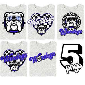 May include: Five grey t-shirts with a blue and white bulldog graphic and the text "Wardogs". The graphic features a bulldog wearing sunglasses and a checkered heart. The fifth image is a white number 5 with the text "pngs" in black.