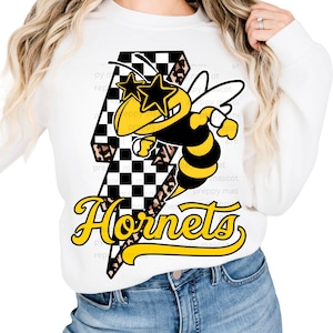 Hornets PNG Checkered and Leopard Lightening, Star Sunglasses Preppy Mascot for School, 300 DPI Download Sublimation Mascot Shirt Gift