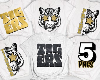 Black Gold Preppy Tiger  PNG Star Eye Star Sunglasses HighSchool Sublimation PNG  Tiger Glitter Word Text for Spirit Shirts Tumblers