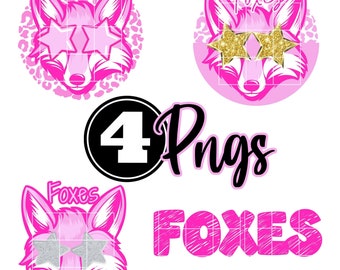 4 preppy Pink Fox Foxes mascotte PNG Star Eyes geweldig voor teamshirts High School College geschenken sublimatie DTF PNG-ontwerp downloadbestand