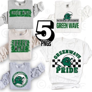 Puede incluir: Cinco diseños digitales con una mascota de ola verde con el texto "West Point Green Wave" y "Green Wave Pride".