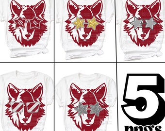 5 Preppy Maroon Burgandy Wolf Mascot PNG Gold Star Eyes Gafas de sol Gafas Equipo Camisas Escuela Sublimación DTF PNG Descargar Spirit camisa