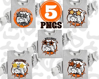 Può includere: Cinque design digitali con un bulldog che indossa occhiali da sole con stelle. Il bulldog indossa un collare con punte. I design sono su uno sfondo grigio con il testo "Bulldogs" e "5 PNGs".