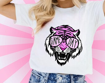 4 Pink Preppy Tiger PNG Game Day Sunglasses Cute School Shirts Sublimation or DTF, 300 DPI Instant Download Image File Clip Art Mascot