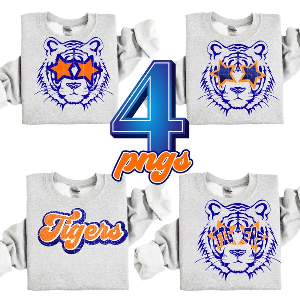 Preppy Orange and Blue Tiger Mascot PNG Star Eyes and Sunglasses High School Sublimation DTF PNG Design Download File Image