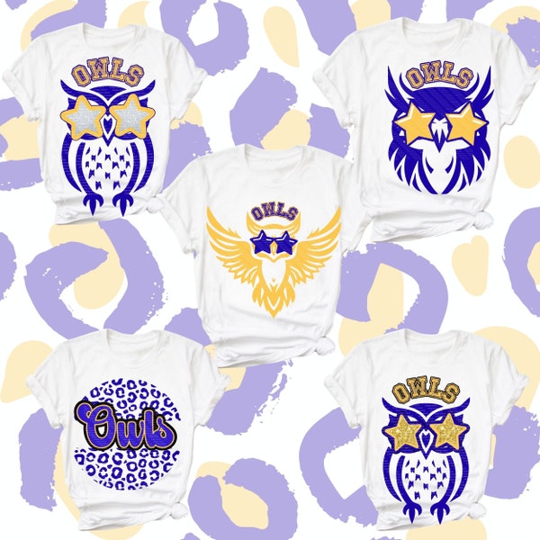 Preppy Blue Gold Yellow Owl Mascot PNG Star Eyes  Great for Team Shirts High School  and College Gifts  Sublimation DTF PNG Design