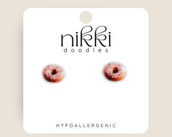 Donut | Pink | Foodie | Novelty Stud Statement Earrings | Trendy Gift | Funny Earrings | Hypoallergenic | Stainless Steel Post
