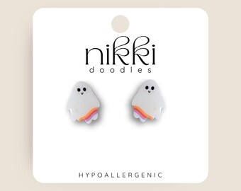 Sparkle Cute Ghost | Ghostie Preppy | Spooky Halloween | Novelty Stud Statement Earrings | Trendy Gift | Funny Earrings | Stainless Steel