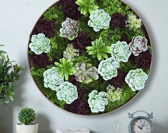 May include: A round wall decor piece featuring a variety of artificial succulents and moss in shades of green and brown. The succulents are arranged in a circular pattern on a brown background.