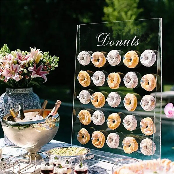 Personalisierte handgemachte Acrylhochzeits- / Party-Donutwand - für 25 Donuts oder Bagels - Party-Tischdisplay - individuelles Logo - schnelles, freies Schiff!