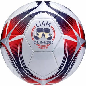 May include: White soccer ball with red and navy blue accents. The ball features the name "LIAM" above an illustration of baby socks. The text "EST. 11/4/2025" and "8 LBS 4 OZ" are also printed on the ball.