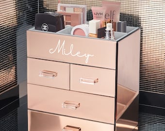 Gepersonaliseerde handgemaakte spiegel cosmetische organizer - 3 lades gespiegelde badkamerijdelheid Desktop sieraden make-up opbergbak - rosé goud of zilver