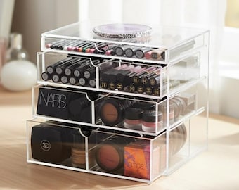 Vitrina de acrílico transparente personalizada y hecha a mano para cosméticos, organizador de acrílico de 4 cajones, almacenamiento para tocador con rodajas de ágata.