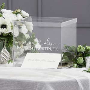 Boîte cadeau personnalisée en acrylique de 25 cm (10 po.) avec couvercle pour mariages, bar-mitsvahs et réceptions - Contient 150 enveloppes