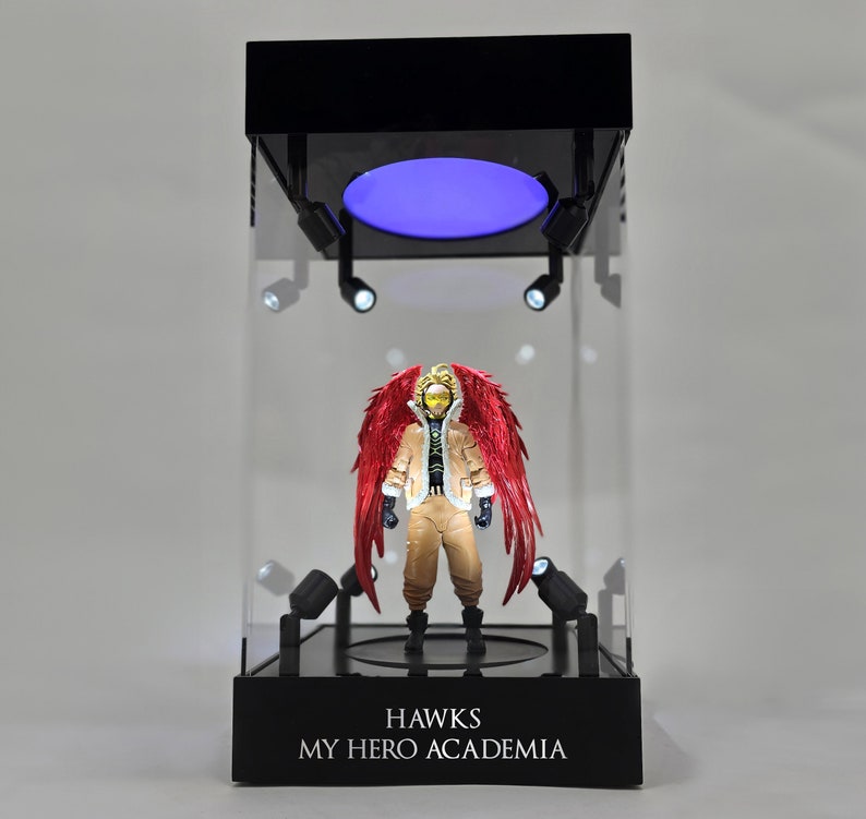 Deluxe Acrylic Action Figure Display Box with 8 LED Pivoting Spotlights, Rotating Base & Color Changing Lights - Up to 11" Figurines Personalized