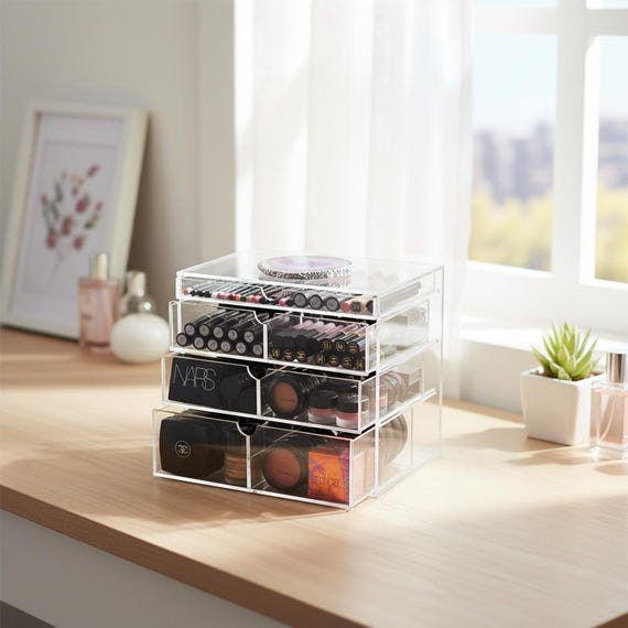Personalized Handmade Clear Acrylic Display Case for Cosmetics | 4-Drawer Acrylic Organizer | Vanity Countertop Storage with Agate Slice