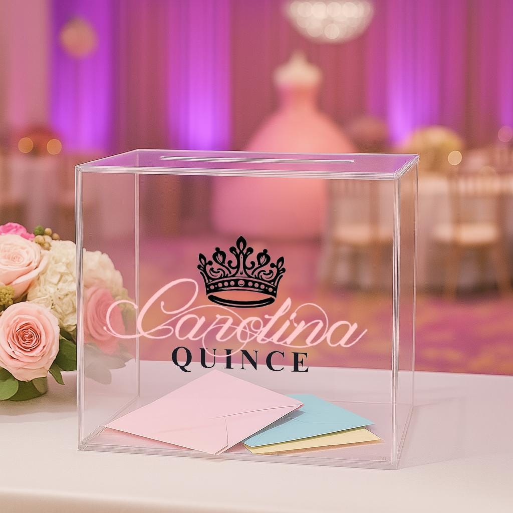 Full Color Handmade "Your Logo" Personalized Fully Assembled 10" x 10" x 6" Deluxe Acrylic Bar Quinceañera/Sweet Sixteen Party Gift Card Box