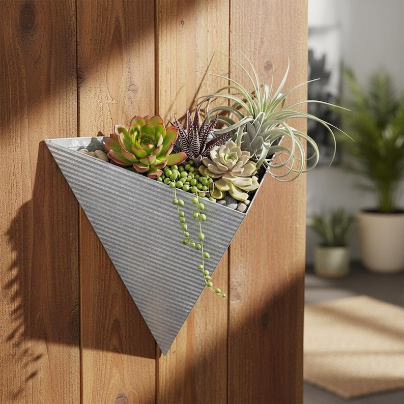 Triangular Modular Planters Set of 3 Wall Planters – Rustic Zinc Metal Triangle Succulent Planters ...