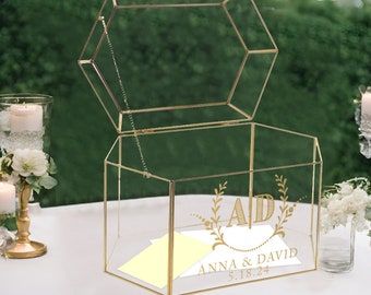 Glass Card Box - Personalized Handmade Deluxe Gold Framed Wedding/Bar Mitzvah/Party Gift Card Box with Hinged  Lid - Holds 150 Envelopes