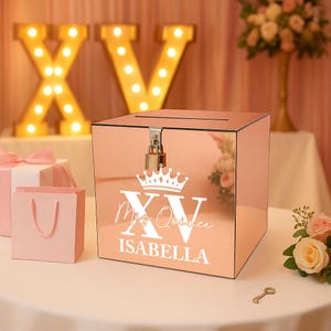 Caixa de cartão de presente personalizada feita à mão, de acrílico espelhado, com 25 cm de ouro rosa, para festa de 15 anos, casamento ou festa, com trava e tampa - comporta 150 envelopes