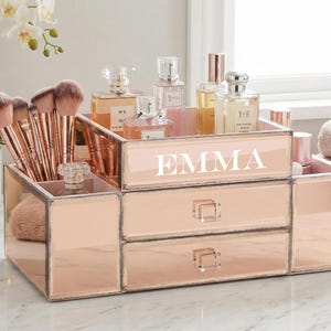 Personalized 2-Drawer Mirrored Vanity Organizer: Handmade Cosmetic & Jewelry Storage for Bathroom or Desktop - Silver or Rose Gold