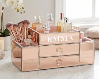 Personalized 2-Drawer Mirrored Vanity Organizer: Handmade Cosmetic & Jewelry Storage for Bathroom or Desktop - Silver or Rose Gold