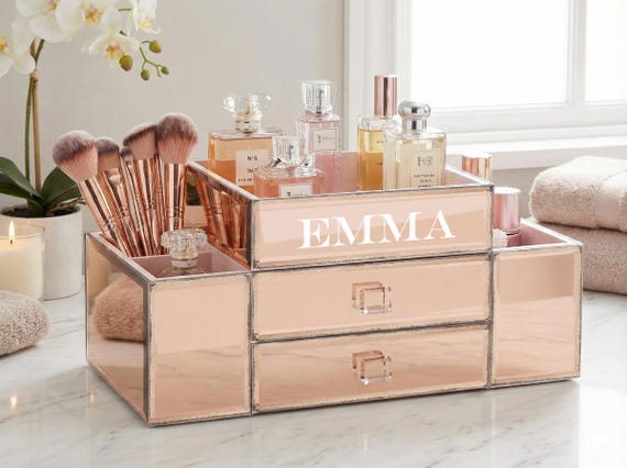 Personalized 2-drawer Mirrored Vanity Organizer: Handmade Cosmetic & Jewelry Storage for Bathroom or Desktop - Silver or Rose Gold
