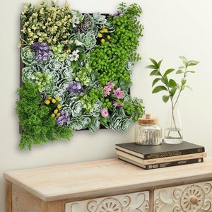 Vertical Hanging Artificial Succulent Living Wall Art - Wall Mount 3D Garden Greenery - Indoor/Outdoor Faux Plant Art Decor - 20&quot; Square