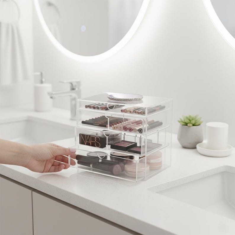K&ouml;nnte beinhalten: Ein klarer Make-up-Organizer aus Acryl mit drei ausziehbaren Schubladen, gef&uuml;llt mit verschiedenen Kosmetika. Der Organizer steht auf einer wei&szlig;en Arbeitsplatte, wobei eine Hand eine der Schubladen herauszieht. Auf der Oberseite des Organizers befindet sich eine kleine, dekorative Schale.