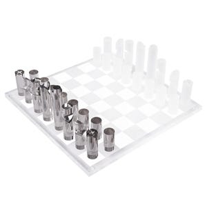 May include: A modern chess set with a clear acrylic board and cylindrical pieces. One side features silver metal pieces, while the opposing side has frosted white pieces. The board has a classic checkered pattern.