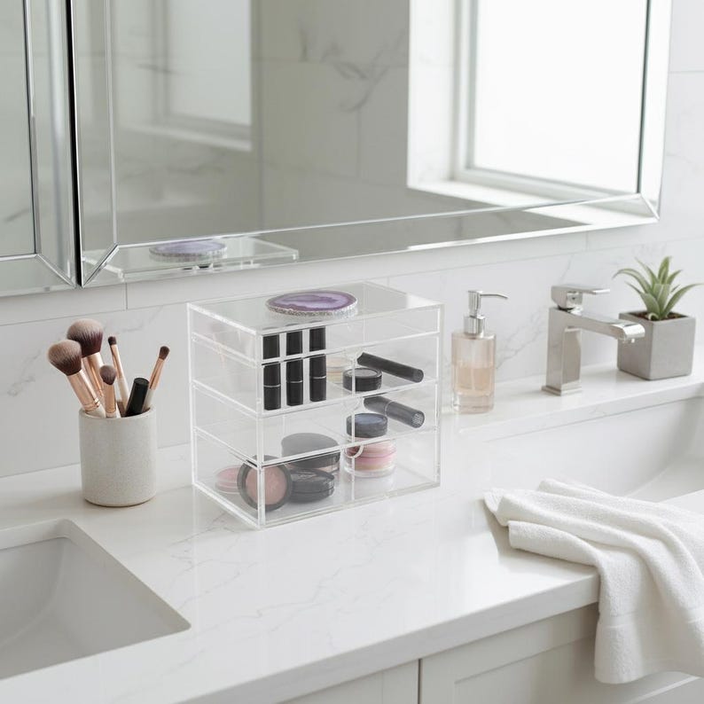 K&ouml;nnte beinhalten: Ein klarer Make-up-Organizer aus Acryl mit drei Schubladen, gef&uuml;llt mit Lippenstiften, Augenstiften und Make-up-Puder. Ein Keramikbecher enth&auml;lt Make-up-Pinsel. Eine kleine Sukkulentenpflanze steht daneben. Der Organizer steht auf einer wei&szlig;en Arbeitsplatte.