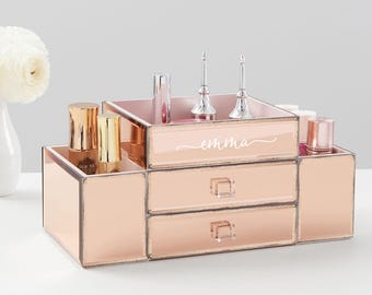 Personalized 2-Drawer Mirrored Vanity Organizer: Handmade Cosmetic & Jewelry Storage for Bathroom or Desktop - Silver or Rose Gold
