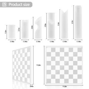 May include: A product size diagram showing various white chess pieces and two chess boards. The pieces range from 1.5 inches to 3.7 inches in height, all with a 1.14-inch base. The chess boards are 11.8 inches square and 0.4 inches thick.