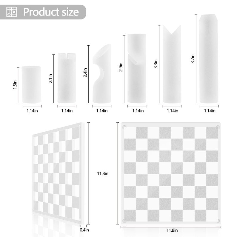May include: A product size diagram showing various white chess pieces and two chess boards. The pieces range from 1.5 inches to 3.7 inches in height, all with a 1.14-inch base. The chess boards are 11.8 inches square and 0.4 inches thick.