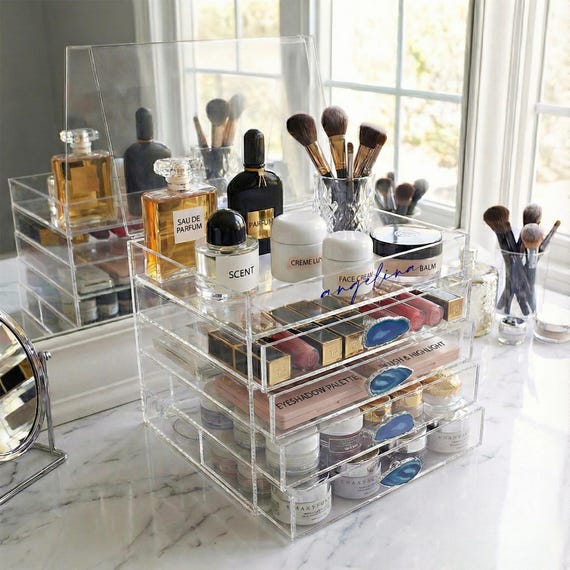Personalized Handmade Oversized Luxury Acrylic Makeup Organizer W/agate | Clear Cosmetic/perfume Storage Drawers Display | 12