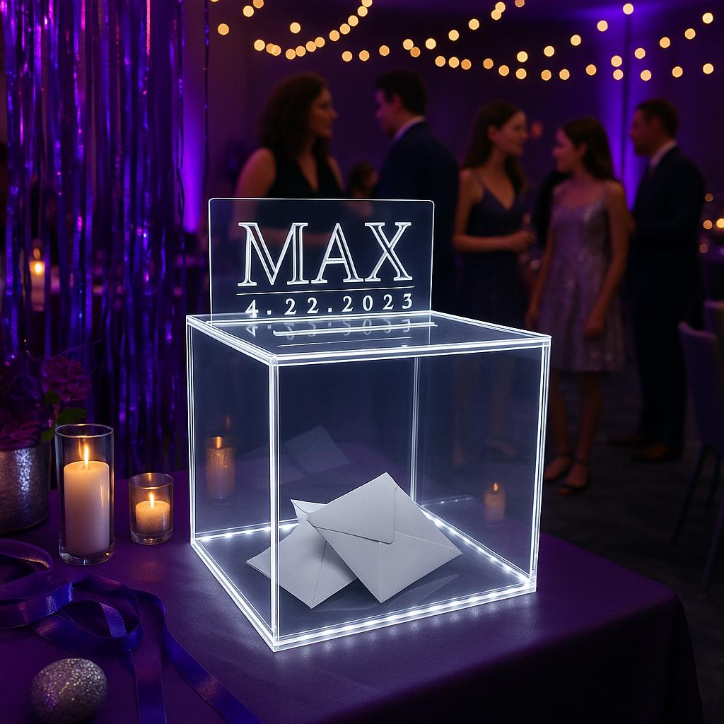 Personalized LED Light Handmade 10" Acrylic Bar Mitzvah/Sweet 16 Sixteen/Quinceañera/Wedding Party Gift Card Box - 100+ Light Settings