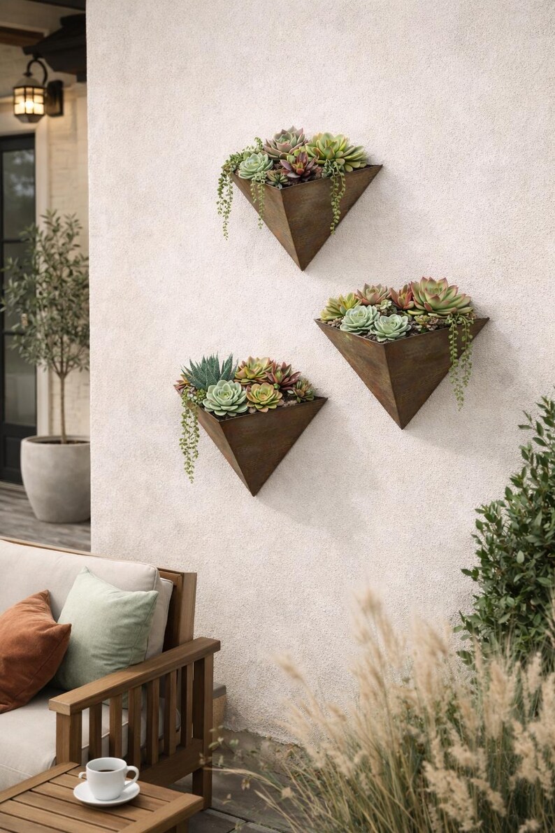 Triangular Modular Planters Set of 3 Wall Planters – Rustic Zinc Metal Triangle Succulent Planters ...