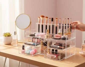 Handmade Luxe Clear Acrylic Makeup Organizer – Multi-Drawer Cosmetic Storage with Brush Holders and Lipstick Slots