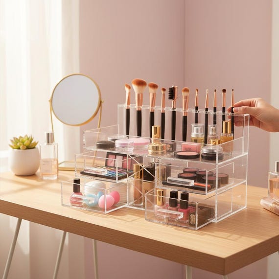 Handmade Luxe Clear Acrylic Makeup Organizer – Multi-drawer Cosmetic Storage With Brush Holders and Lipstick Slots
