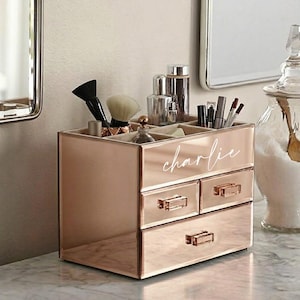 Personalized Handmade Mirror Cosmetic Organizer - 3 Drawer Mirrored Bathroom Vanity Desktop Jewelry Makeup Storage Bin - Rose Gold or Silver