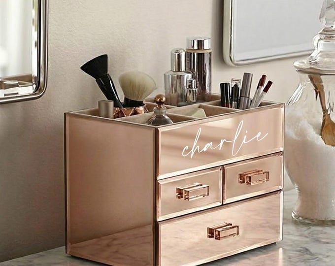 Personalized Handmade Mirror Cosmetic Organizer - 3 Drawer Mirrored Bathroom Vanity Desktop Jewelry Makeup Storage Bin - Rose Gold or Silver