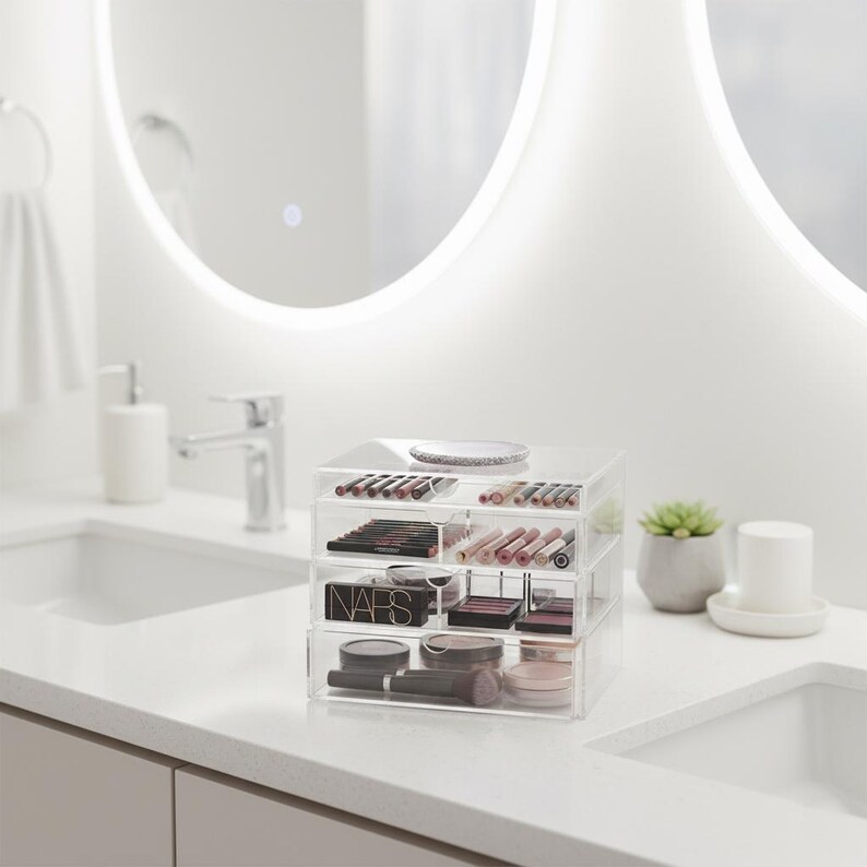 K&ouml;nnte beinhalten: Ein klarer Make-up-Organizer aus Acryl mit mehreren Schubladen, gef&uuml;llt mit verschiedenen Kosmetika wie Lippenstiften, Lidschatten und Puder. Der Organizer steht auf einer wei&szlig;en Arbeitsplatte in einem Badezimmer.