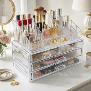 Personalized Acrylic Makeup Organizer with Drawers – Clear Cosmetic Storage Case, Vanity Lipstick Holder, Jewelry Storage Beauty Box