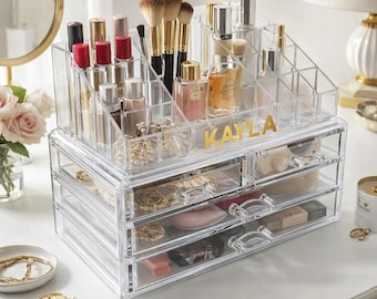 Organizador de maquillaje acrílico personalizado con cajones – Estuche transparente para cosméticos, soporte para labiales, joyero
