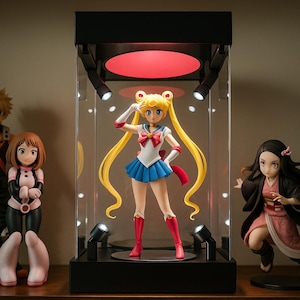 Deluxe Acrylic Action Figure Display Box with 8 LED Pivoting Spotlights, Rotating Base & Color Changing Lights - Up to 11&quot; Figurines