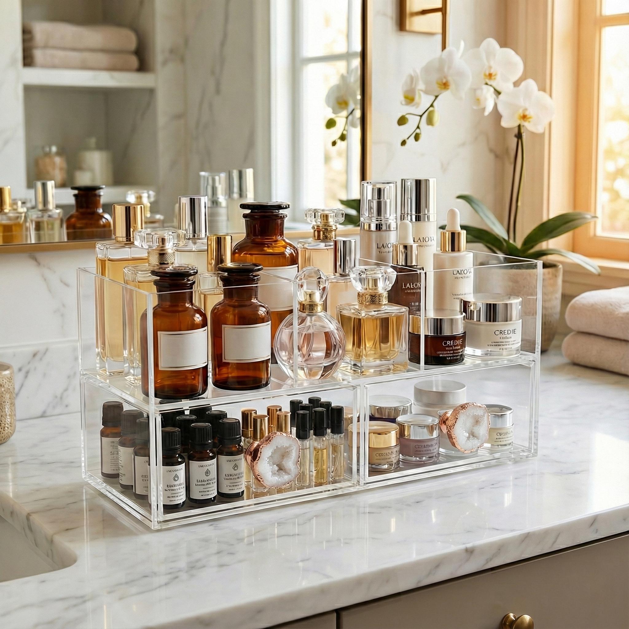 Personalized Handmade Luxury Acrylic Perfume Organizer & Makeup Storage | Geode Knobs w/Gold
